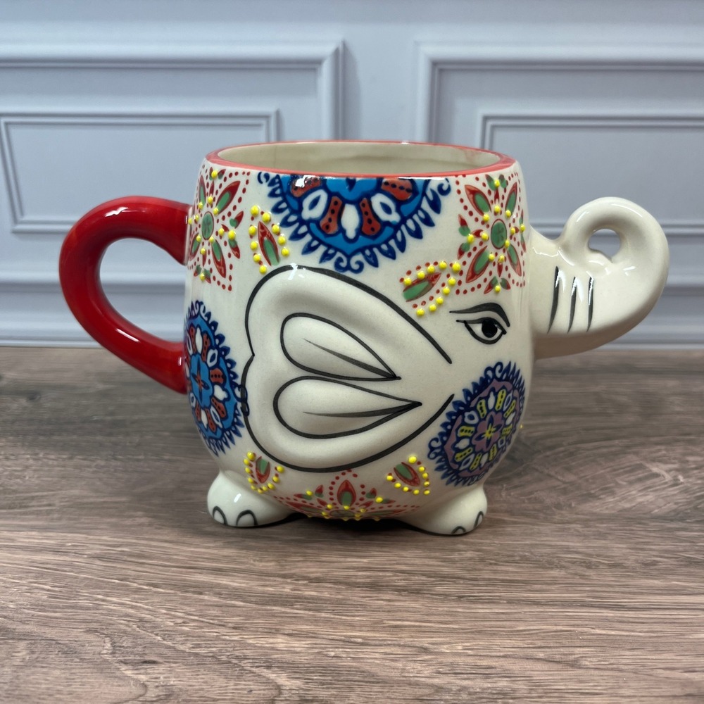 Yokohama Studio 20oz Elephant Mug Hand Painted Ceramic 3D Mandala Multicolor